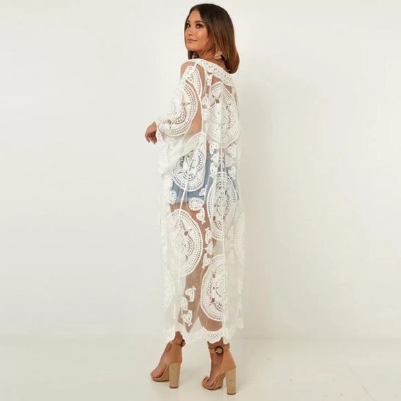 Scalloped Sheer Mesh Lace Boho Kimono Coverup Wrap - Picture 4 of 7